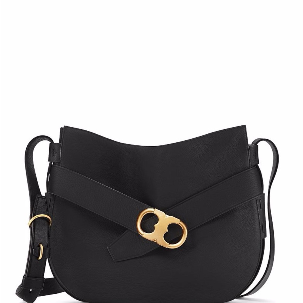 Tory Burch Black Gemini Link Belted Hobo Leather Shoulder Bag